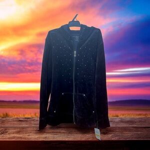 Karen Scott Petite Sparkle Stud Black Women's Zip Front Retro Hooded Jacket NWT